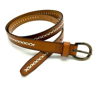 Fossil Skinny Leather Boho Belt M 34 Honey Brown Cross Stitch Accents Hippie Y2K